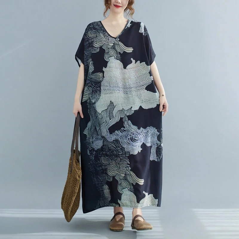 Plus Size Oriental Print V Neck Midi Dress