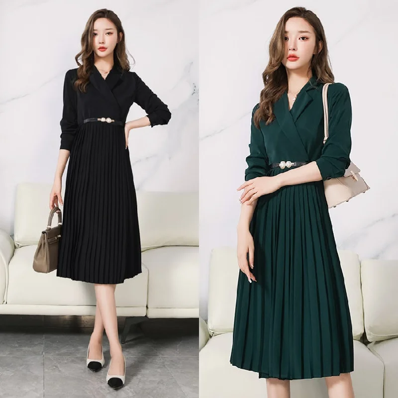 Plus Size Korean Tuxedo Pleat Midi Dress