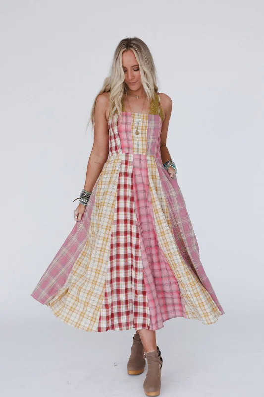 Western Charm Checkered Dress - Pink