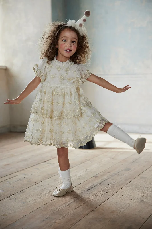 Kids white/gold floral mesh dress