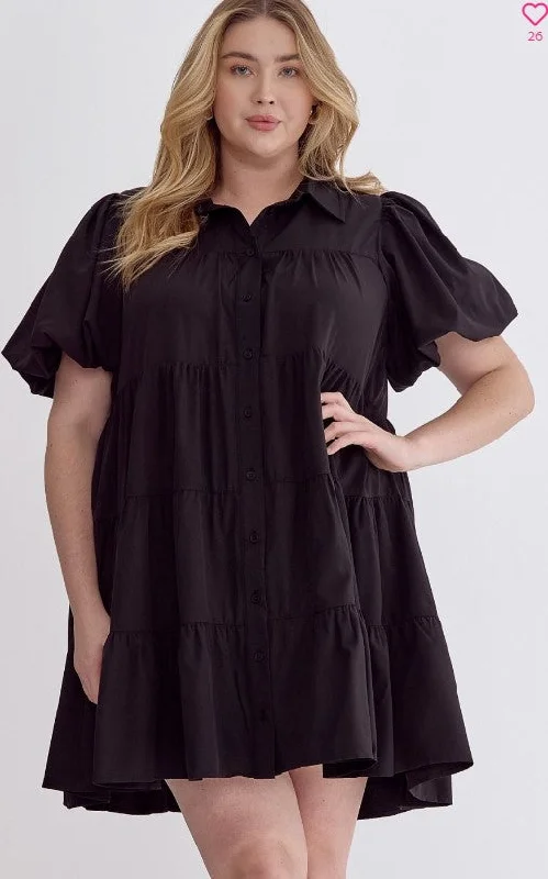 [entro] Button Up Tiered Dress-Black [Plus]