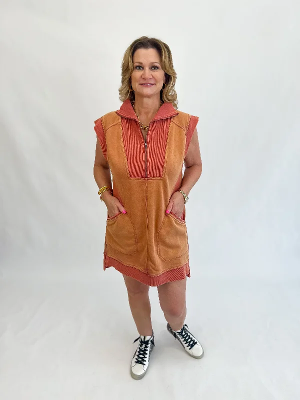 Sporty Mineral-Washed Vest Dress-Rust