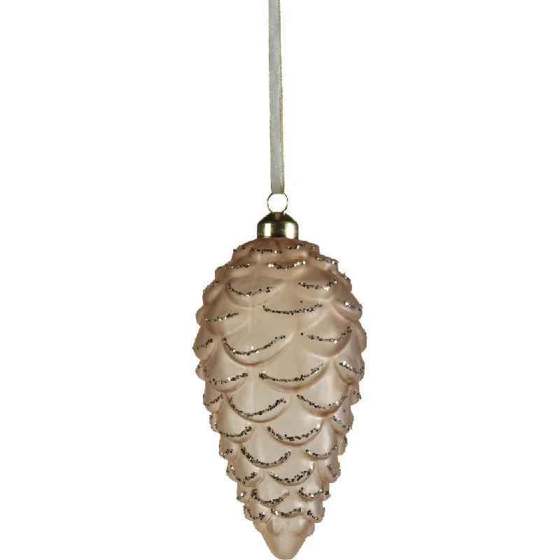 Frosted Glass Pine Cone Ornaments w/ Glitter Trim, Set of 6