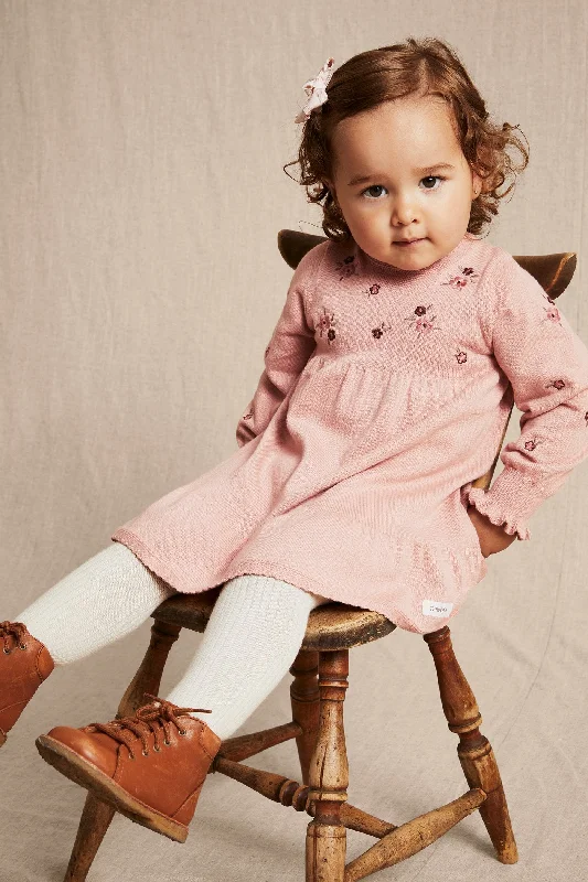 Baby pink floral embroidered knitted dress