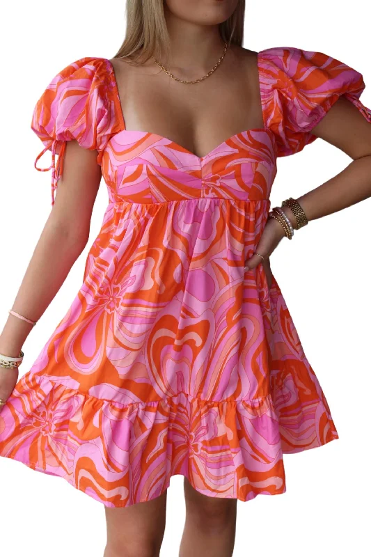 Full Of Color Vibrant Puff Sleeve Dress In Pink/orange