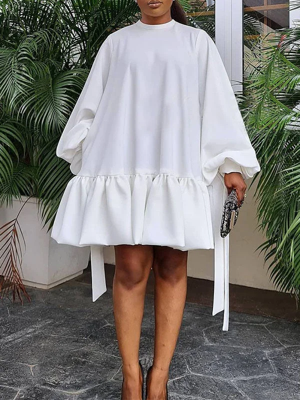 Solid Puff-Sleeve Ruffle Dress