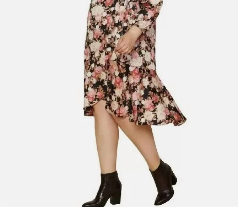 Plus Rose Print Ruffle Trim Floral Wrap Midi Dress In Black