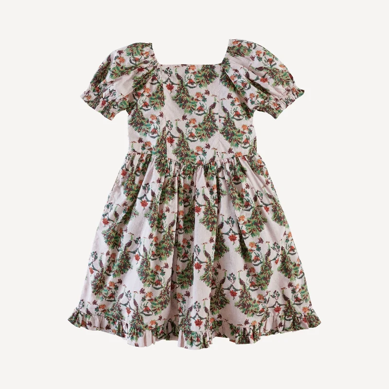 puff sleeve v-waist princess dress | fancy peacocks | organic cotton woven