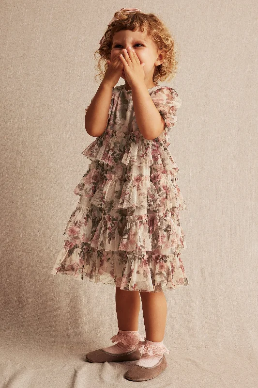 Kids' beige floral mesh dress