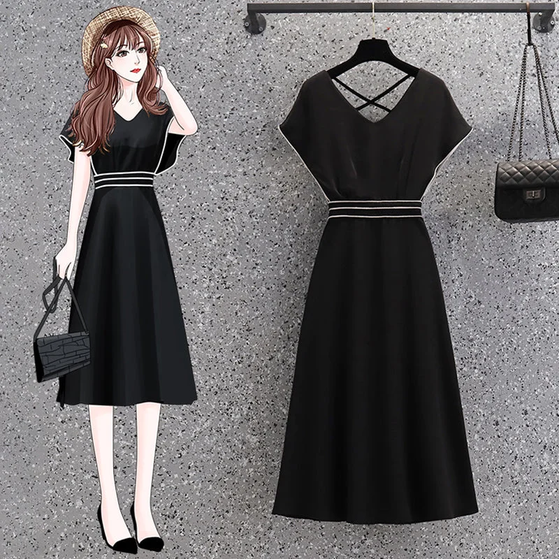 Plus Size Black V Neck Korean Dress