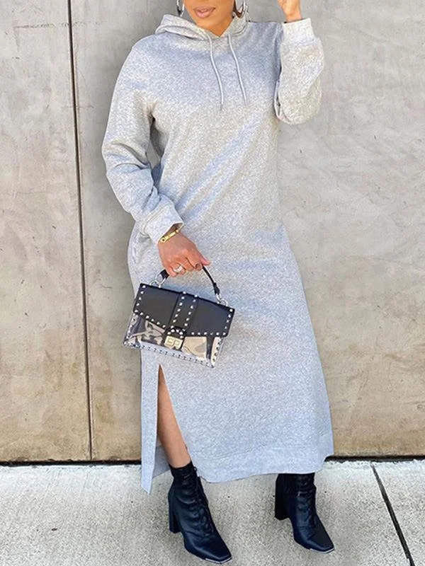 Solid Slit Hoodie Dress