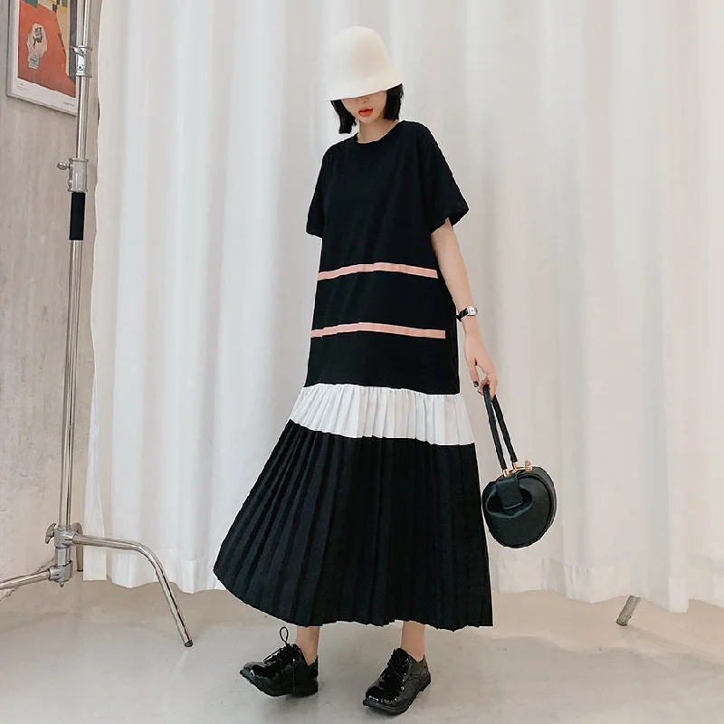 Plus Size Korean Pleat Stripes Midi Dress