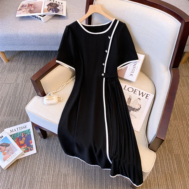 Plus Size Korean Black Pleat Work Dress