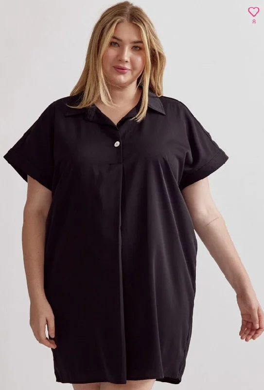 [entro] Casual Collared Shirt Dress- Black [Plus]