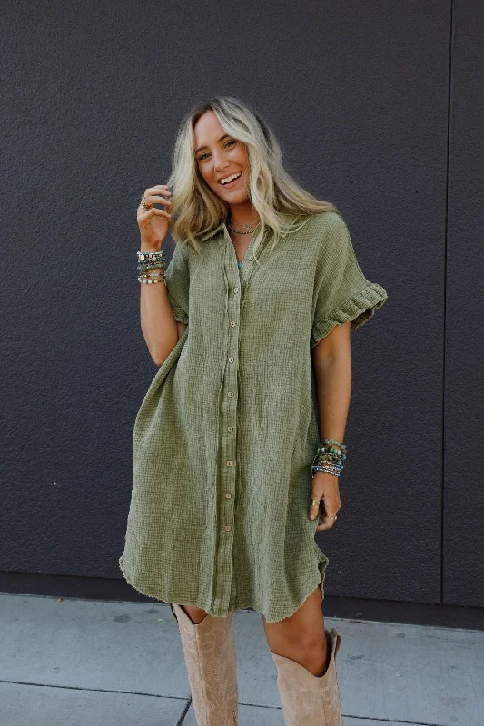 The Nest Heavenly Days Button Up Dress - Faded Olive