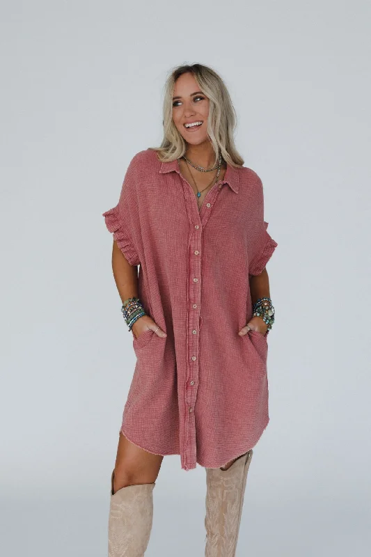 The Nest Heavenly Days Button Up Dress - Brick