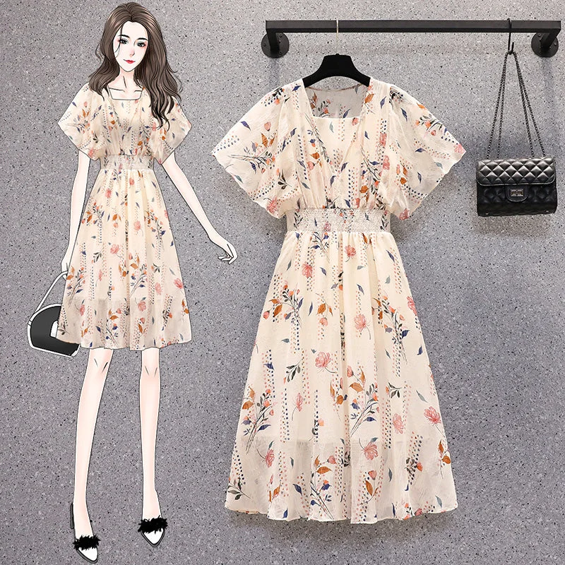 Plus Size Floral Chiffon Flutter Sleeve Dress