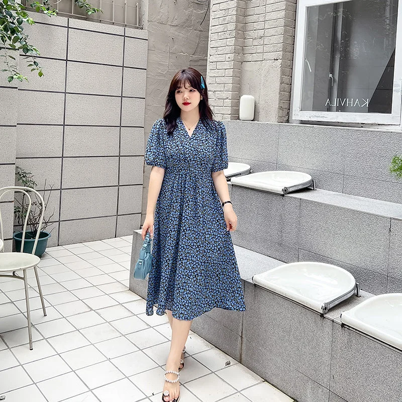 Plus Size Korean Blue Little Flowers Wrap Midi Dress