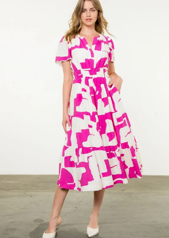 THML Stacey Printed Tiered Dress- Pink