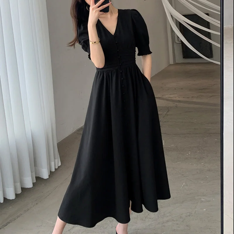 Plus Size Korean Pleat Buttons Midi Dress