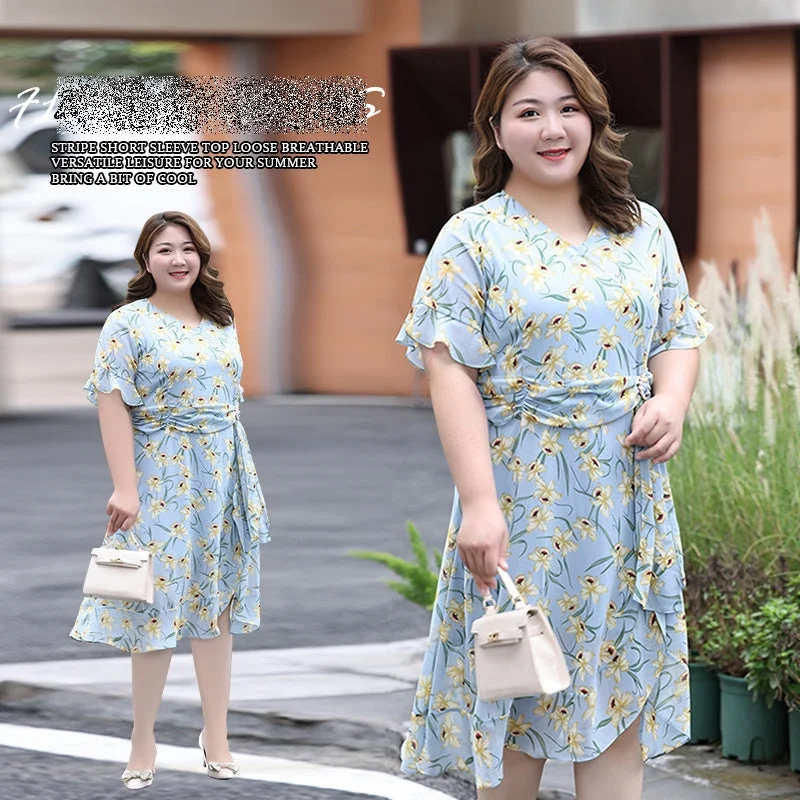 (XL-7XL) Plus Size Blue Floral Drape Dress (EXTRA BIG SIZE)