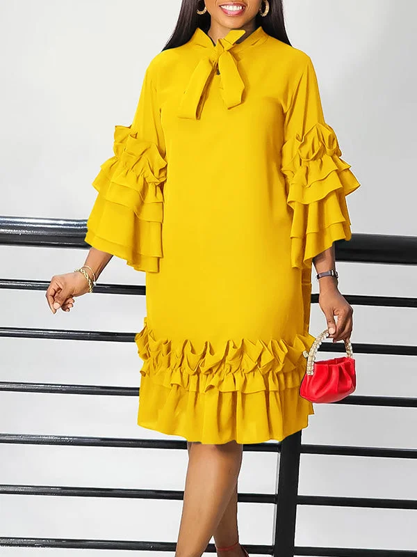 Solid Tied-Neck Frilled Dress