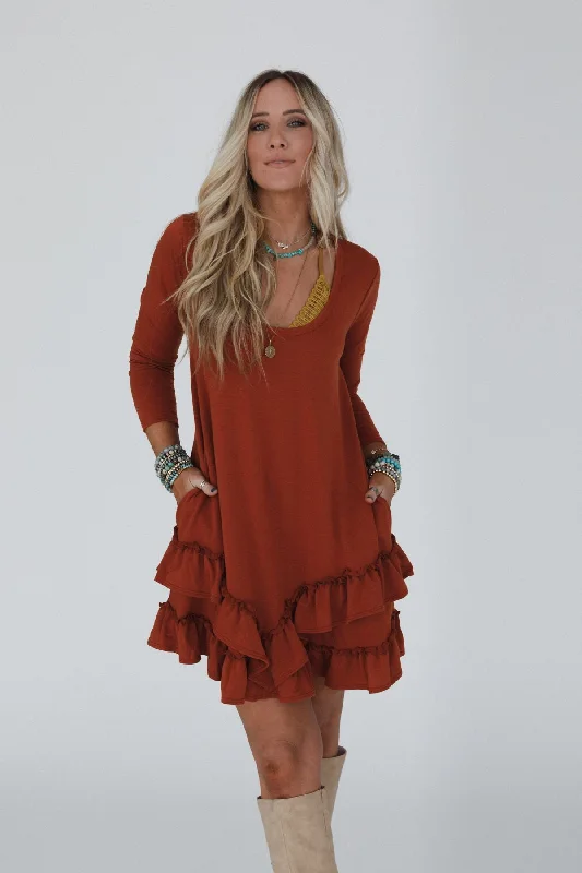 The Nest Constance Ruffle Hem Long Sleeve Dress - Metal Rust