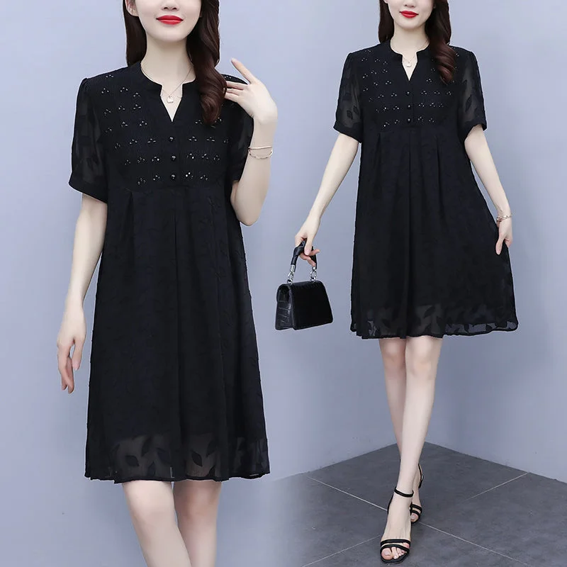 (Special Price!) Plus Size Notch Neck Leafs Chiffon Dress