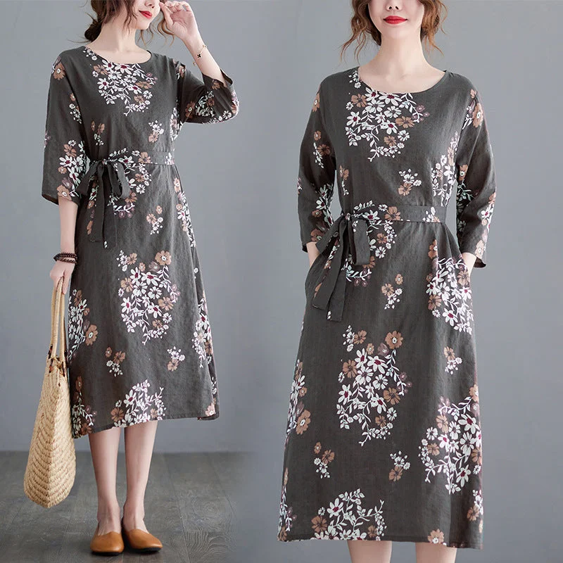 Plus Size Floral Waist Tie Midi Dress