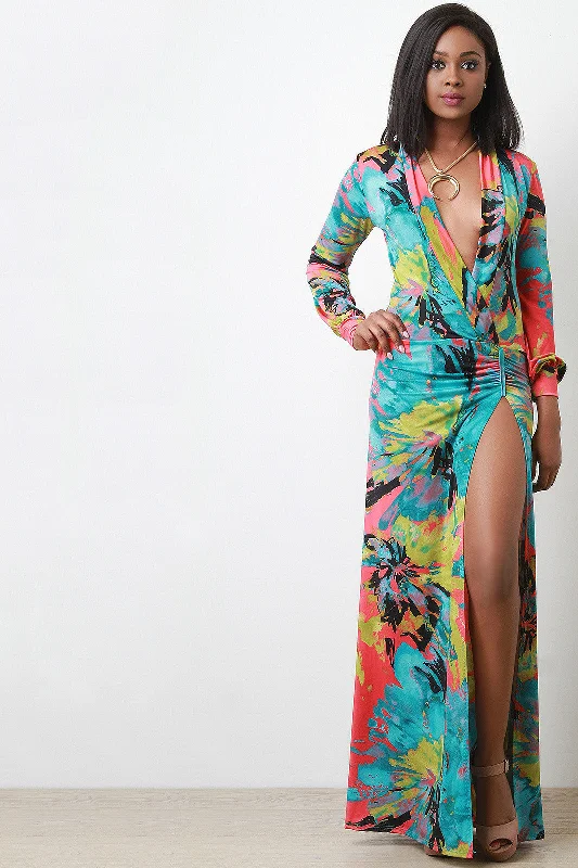 Abstract Watercolor Deep Slit Long Sleeves Maxi Dress