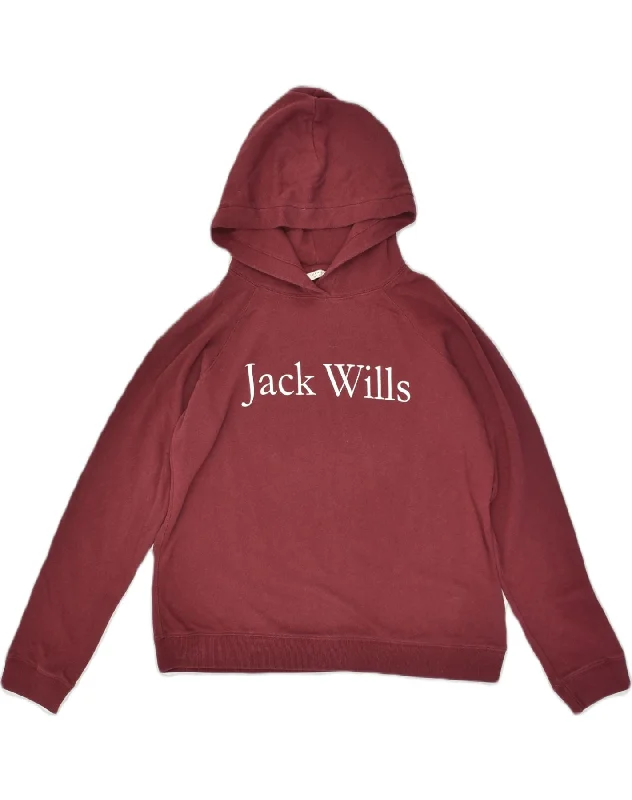 JACK WILLS Womens Graphic Hoodie Jumper UK 14 Large Maroon Cotton