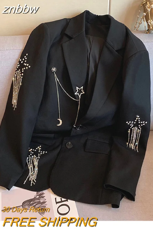 znbbw Autumn Black Casual Fashion Elegant Women's Blazer Double-breasted Chain Star Sequins Coat Gothic Jacket Streetwear Y2k