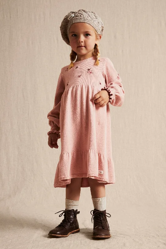 Kids pink fine-knit floral embroidery dress