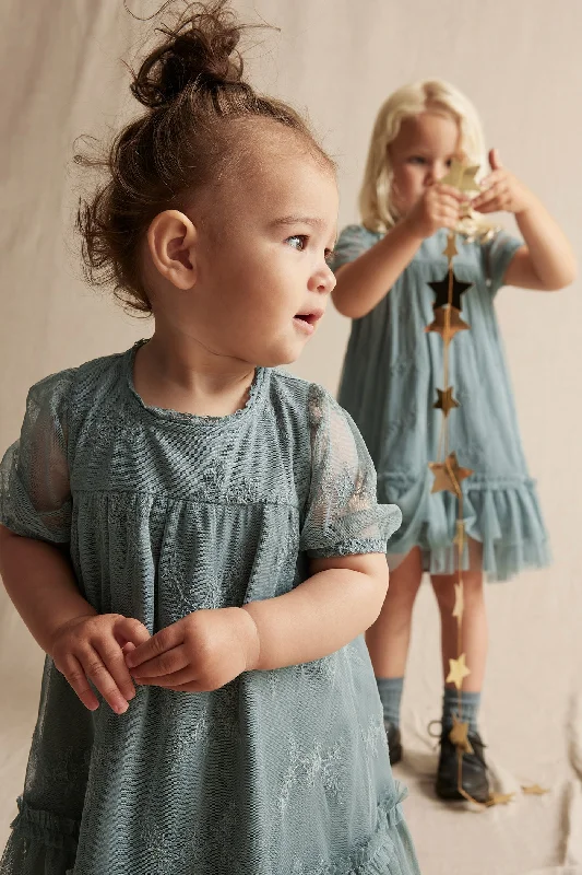 Baby turquoise embroidered mesh dress