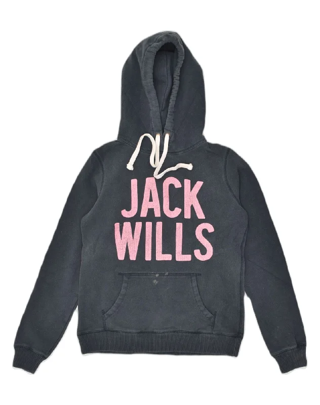 JACK WILLS Womens Graphic Hoodie Jumper UK 10 Small Navy Blue Cotton