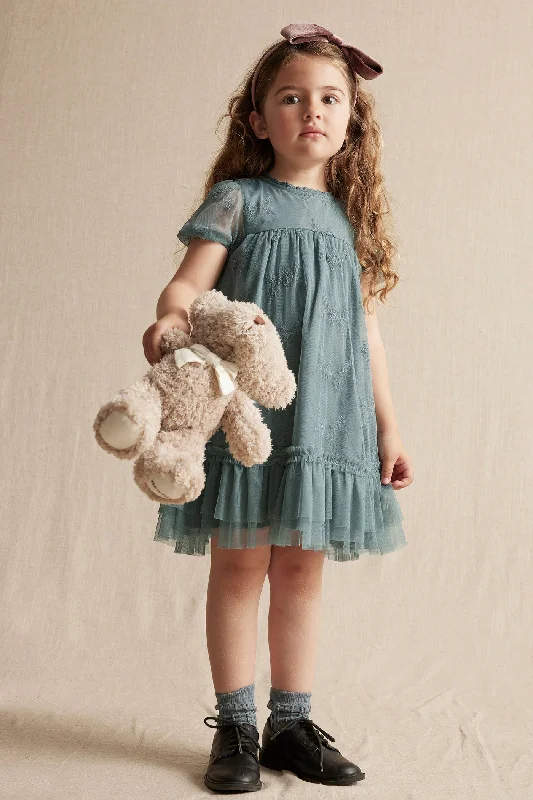 Kids' turquoise embroidered mesh dress