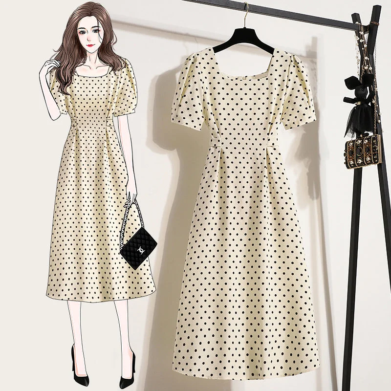 Plus Size Polka Dots Square Neck Midi Dress