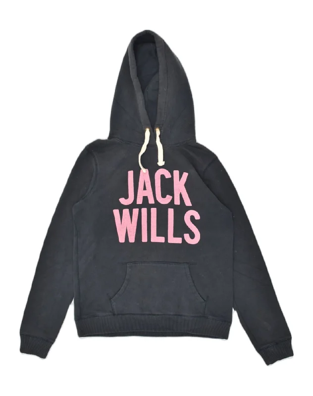 JACK WILLS Womens Graphic Hoodie Jumper UK 14 Large Black Cotton