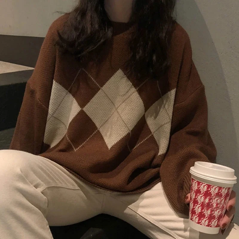 Women Knitted Sweater | Geometric Pattern Sweater | Korean Style College Girl Sweater | Casual Regular Sweater | Female Long Sleeve Oversize