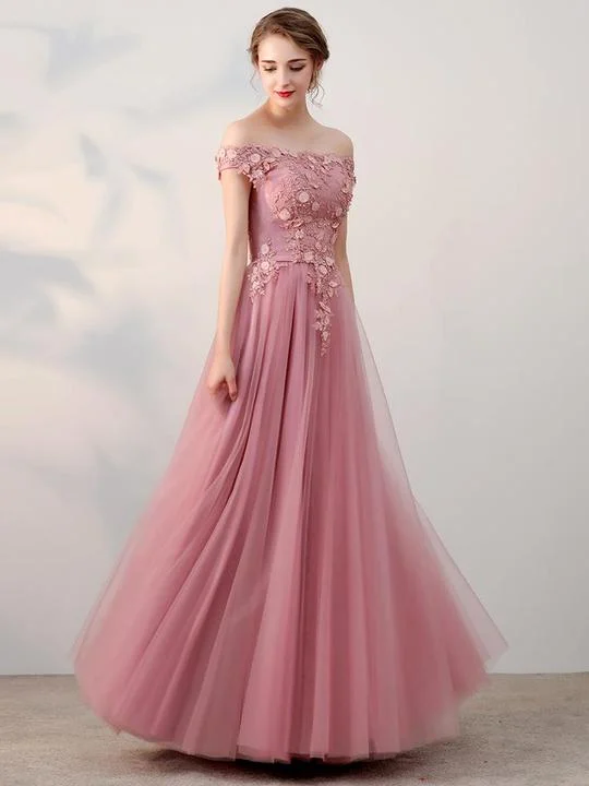 Epic Deals Off Shoullder Dusty Pink Tulle Appliques Prom Dresses, Long Prom Dresses Epic Deals Off Shoullder Dusty Pink Tulle Appliques Prom Dresses, Long Prom Dresses