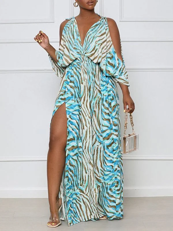 Beautiedoll Printed Cold-Shoulder Slit Dress