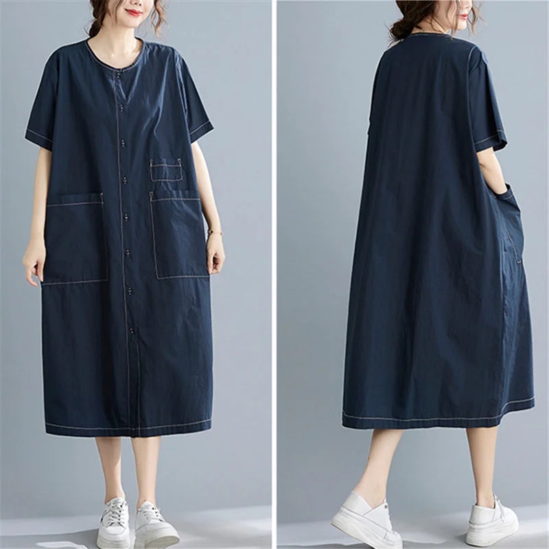 Plus Size Cotton Stitched Pocket Round Neck Midi Dress