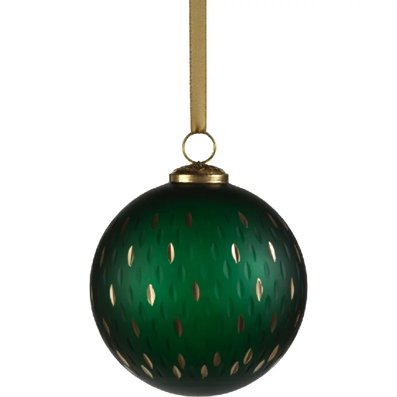 Green Frosted & Etched in Gold Glass Ball Ornaments, Set of 6