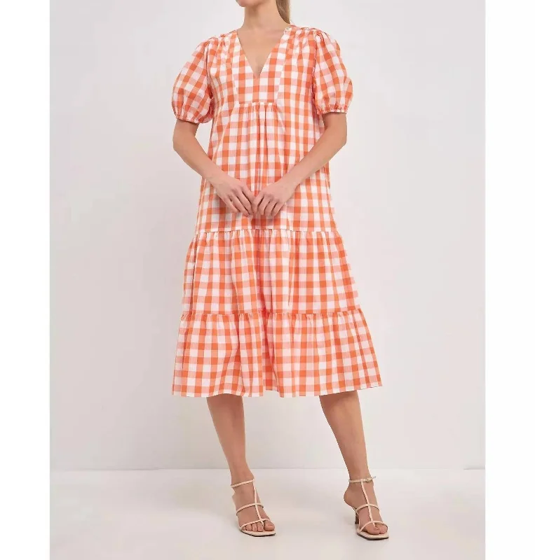 Gingham Midi Dress In Orange Check