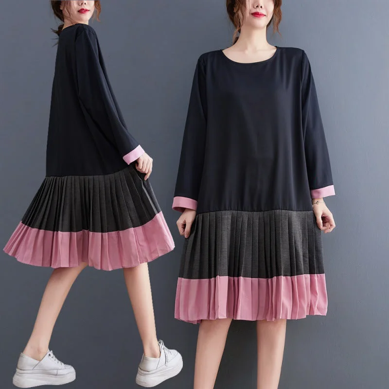 Plus Size Pink Colourblock Long Sleeve Pleat Dress